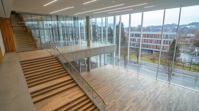 Bright atrium with stairs and large windows offering a view of surrounding buildings