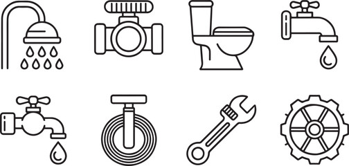 Black and white plumbing icons set with showerhead, toilet, faucet, wrench, valve and gear in minimalist line style.