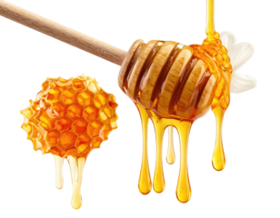 Golden honey flowing from a wooden dipper and honeycomb on a dark background