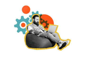 Composite photo collage of serious businessman type macbook device sit beanbag gearwheel settings it isolated on painted background