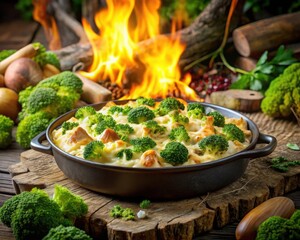 Photo of delicious campfire broccoli and cheese casserole cooked in cast iron skillet with fresh vegetables