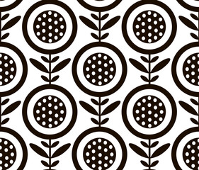 Abstract retro mid mod blooms flowers in black and white seamless pattern, vector illustration repeat design print