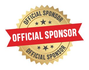 Golden official sponsor badge with ribbon and stars isolated design