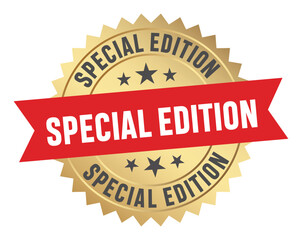 Golden badge with a red ribbon proclaiming special edition status