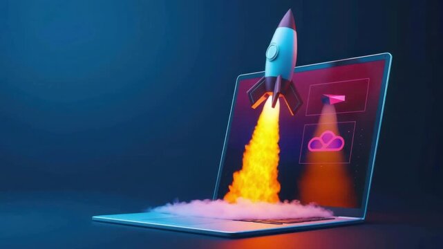 Colorful rocket launching from laptop screen in futuristic digital environment during night symbolizing innovation and technology HD Video 4K