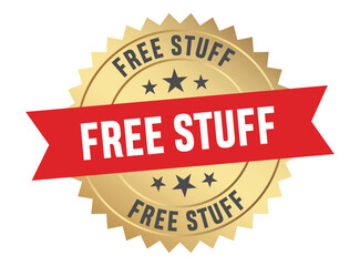 A golden badge proclaiming free stuff with a vibrant red ribbon