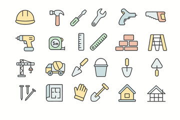 Obraz premium Construction and building tools icons set — outline vector symbols for repair, engineering, architecture, and handyman equipment