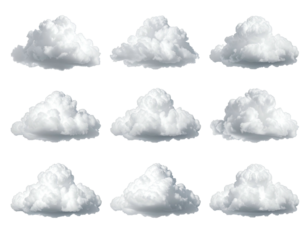 Nine fluffy, white clouds of different sizes and shapes arranged in three rows