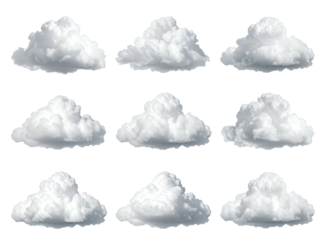 Nine fluffy, white clouds of different sizes and shapes arranged in three rows