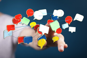 Digitally enhanced hand connecting speech bubbles. Concept of communication, connection, and network. Social media abstract concept.