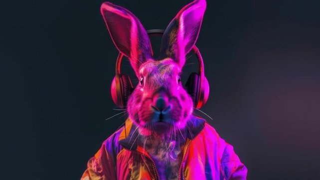 Neon glowing rabbit portrait in futuristic artistic style during night symbolizing creative digital art HD Video 4K