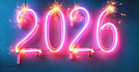 Bright neon numbers display year 2026. Sparklers add festive glow, vibrant blue background provides contrast. Celebration imagery.