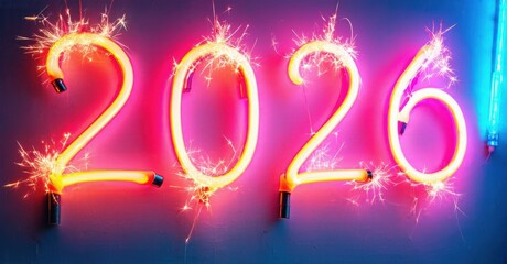 Bright neon numbers display year 2026. Sparklers add festive glow, vibrant pinks and oranges dominate scene. Celebration imagery.