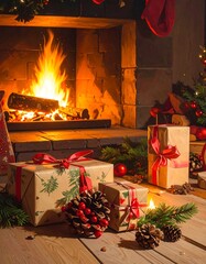 Presents sit before a roaring fire in a cozy Christmas setting