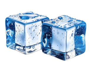 Two realistic, transparent ice cubes with water droplets on a black background