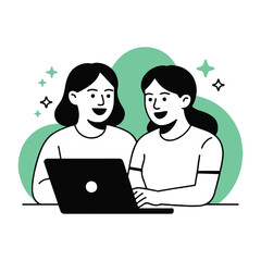 Fototapeta premium Vector art of two women are looking at a laptop, they are smiling and seem happy about the work they are doing together