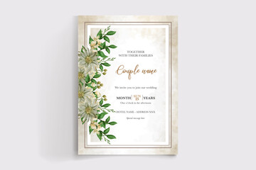 WEDDING INVITATION FRAME WITH FLOWER DECORATIONS AND FRESH LEAVES