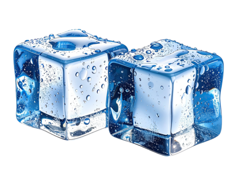 Two realistic, transparent ice cubes with water droplets on a black background