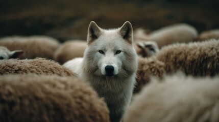Obraz premium A lone wolf hidden among sheep creates a tense image of risk danger and unseen threat within safety.
