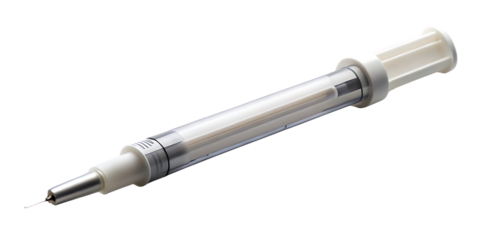 Isolated medical syringe with a sharp needle used for injections and vaccinations on a black backdrop