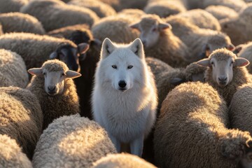A lone wolf hidden among sheep creates a tense image of risk danger and unseen threat within safety.