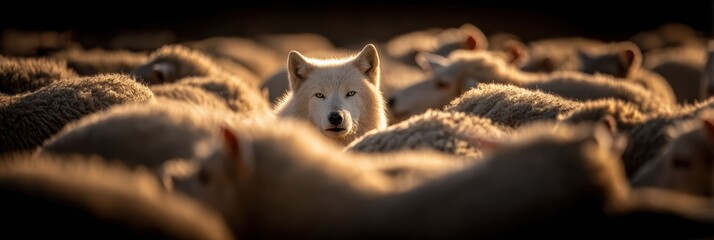 Fototapeta premium A lone wolf hidden among sheep creates a tense image of risk danger and unseen threat within safety.