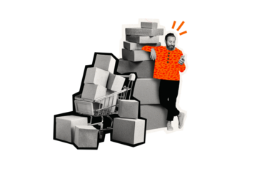 Composite photo collage of smile beard man hold iphone device do online shopping box shipment service deliver isolated on painted background