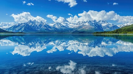 Scenic view of snow capped mountains reflected in a calm lake under a cloudy blue sky day light