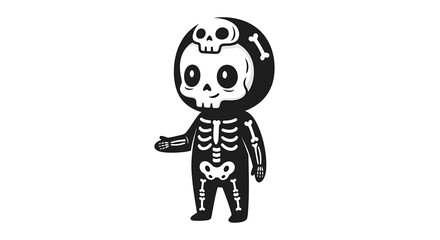 A cute cartoon character in a black skeleton costume with a skull hood, presented in a simple black and white illustrative style.