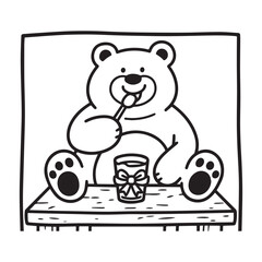  Smiling Bear Enjoying Honey Glass with Festive Ribbon in Cozy Christmas Scene. 