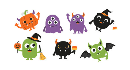 A collection of cute cartoon Halloween monsters, including pumpkins, ghosts, and bats, all in a festive mood.
