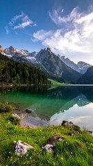 Mountain lake at dawn, reflecting the sky