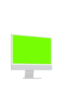 Animated mockup of computer monitor with green screen zoom effect, shown from side perspective view on white background. Ideal for branding, product display, design templates and digital presentations