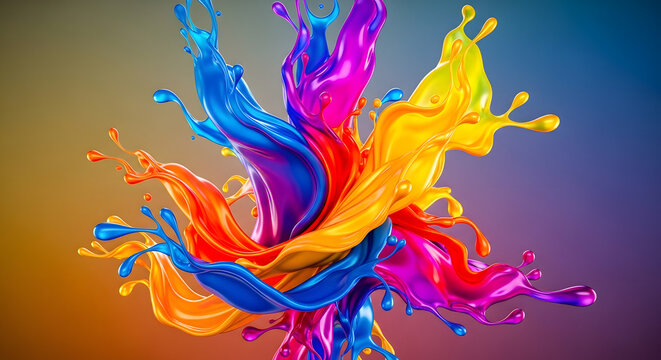 Vibrant explosion of swirling rainbow-colored paint in a dynamic abstract motion. A creative liquid splash of bright ink colors mixing together
