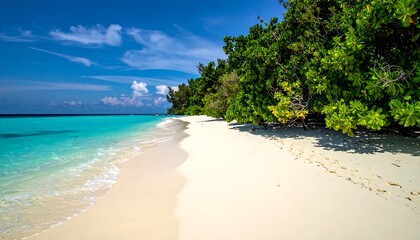 Pristine beach, turquoise water, and lush green foliage under a vibrant blue sky