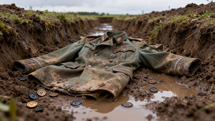 Vintage Army Coat In Muddy Trench With Scattered Buttons For WWII Educational Materials, Military Memorabilia Collections, War - Themed Film Props, And Historical Costume Design References