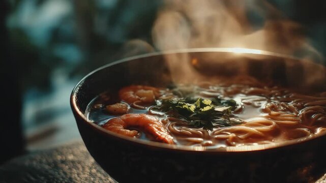 Steaming Bowl of Shrimp Ramen Noodles
