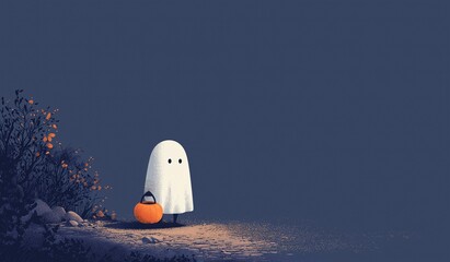 A cute little ghost holding an orange pumpkin dressed in white and standing on the ground against a dark blue background in flat illustration style