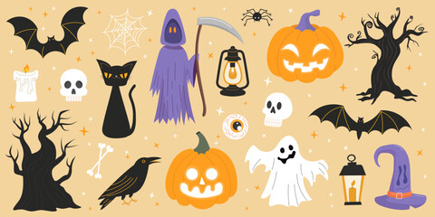A collection of Halloween-themed illustrations including pumpkins, ghosts, bats, a black cat, a lantern, and spooky trees on a light orange background