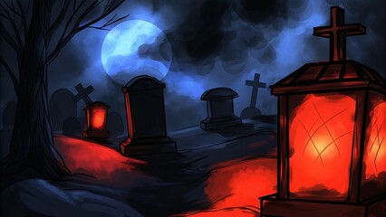 Spooky Halloween Pumpkin Patch with Glowing Jack-O’-Lanterns Under Full Moon