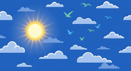 Cartoon sky with sun clouds and birds in blue background