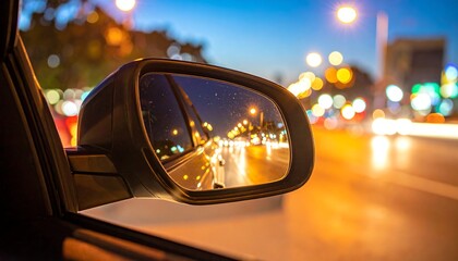 Night city lights car reflection captured in side mirror, showing vibrant street bokeh and urban road ambience during evening drive.