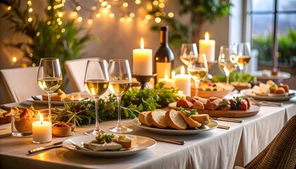Festive dining table with wine, candles, and appetizers for a cozy celebration