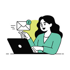 Vector art of woman using laptop with email notification communication, message, mail, letter, inbox, online, internet concept