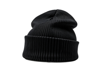 Black ribbed knit beanie cap, angled view against a stark black backdrop