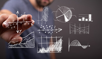 Conceptual image of a man interacting with charts and diagrams, representing data analysis, business growth and innovative technology solutions.