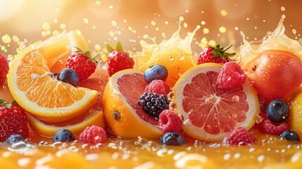 A refreshing splash of assorted fruit juices with vibrant oranges, kiwis, berries, and watermelon surrounded by flying droplets, symbolizing freshness, health, vitality, summer energy, natural flavors