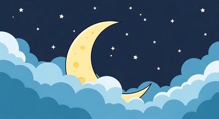 Serene night scene featuring a crescent moon shining amid soft, stylized clouds and twinkling stars in a deep blue sky