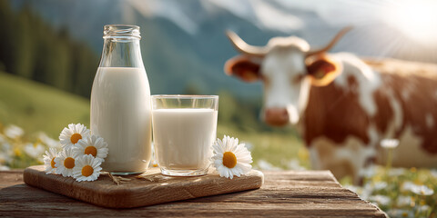 Hyper-realistic close-up of fresh milk in glass bottle and glass on wooden board with daisies, alpine cow in sunny pasture background. Perfect for natural dairy product ads. Generative Ai.