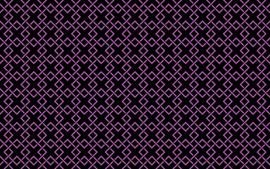 A seamless geometric pattern with interlocking lilac or purple diamond and cross shapes arranged in a diagonal grid on a black background. 